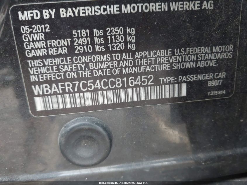 2012 BMW 535I VIN: WBAFR7C54CC816452 Lot: 43398245