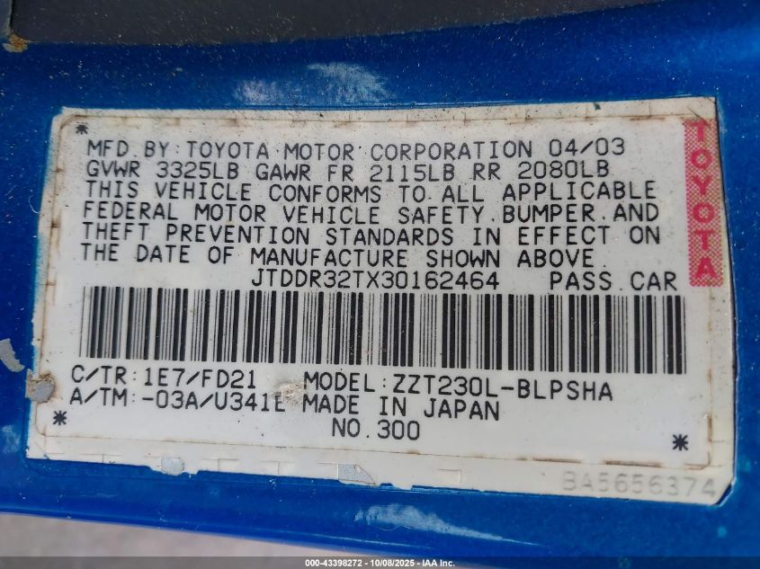 2003 Toyota Celica Gt VIN: JTDDR32TX30162464 Lot: 43398272