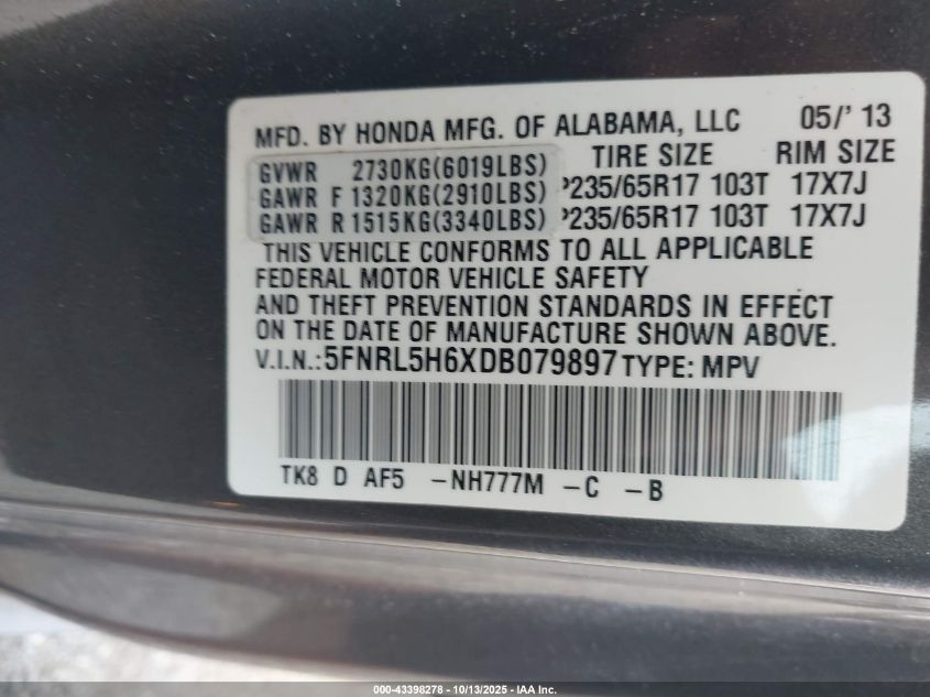 2013 Honda Odyssey Ex-L VIN: 5FNRL5H6XDB079897 Lot: 43398278