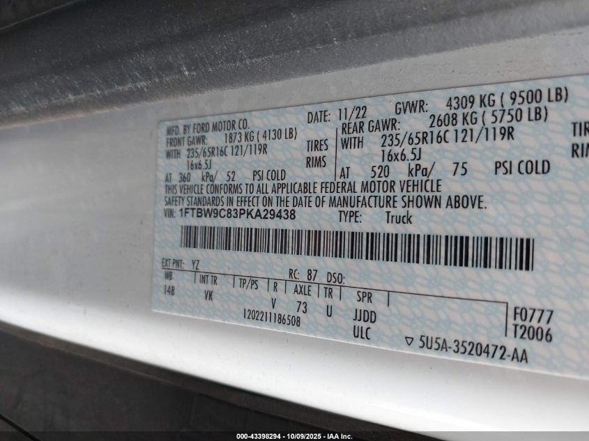 2023 Ford Transit-350 VIN: 1FTBW9C83PKA29438 Lot: 43398294