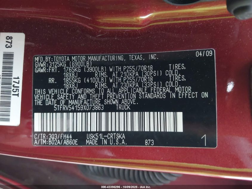 2009 Toyota Tundra Grade 5.7L V8 VIN: 5TFRV54159X073863 Lot: 43398296