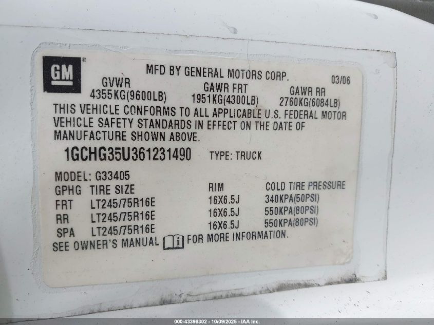 2006 Chevrolet Express Work Van VIN: 1GCHG35U361231490 Lot: 43398302