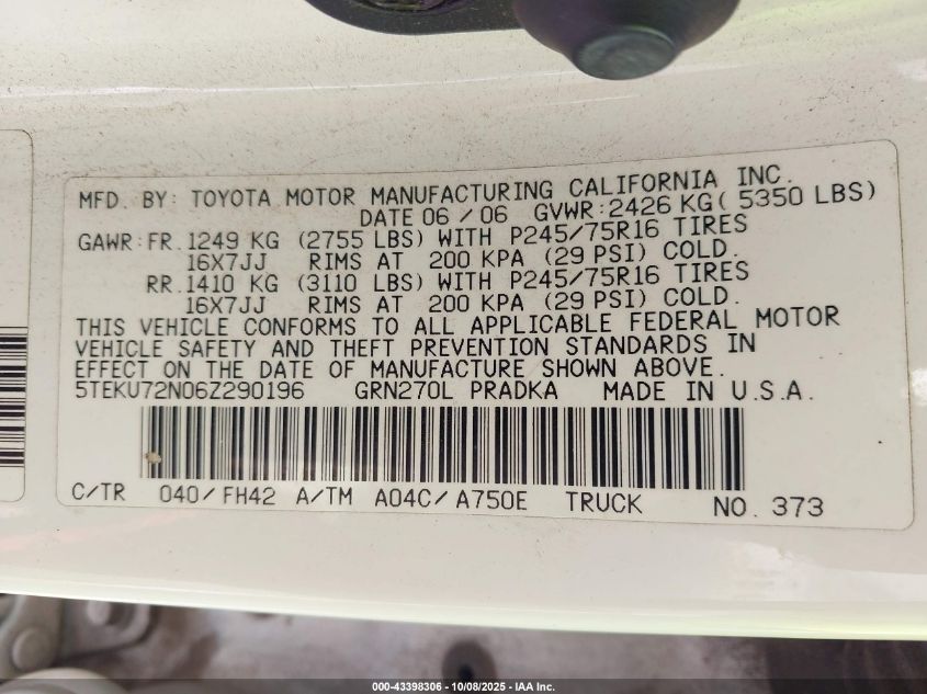 2006 Toyota Tacoma Prerunner V6 VIN: 5TEKU72N06Z290196 Lot: 43398306