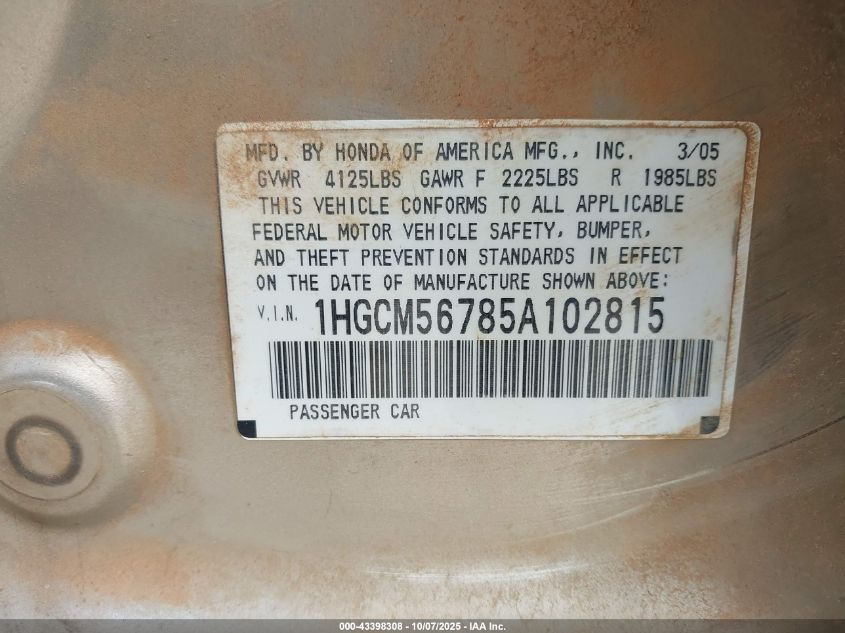 2005 Honda Accord 2.4 Ex VIN: 1HGCM56785A102815 Lot: 43398308