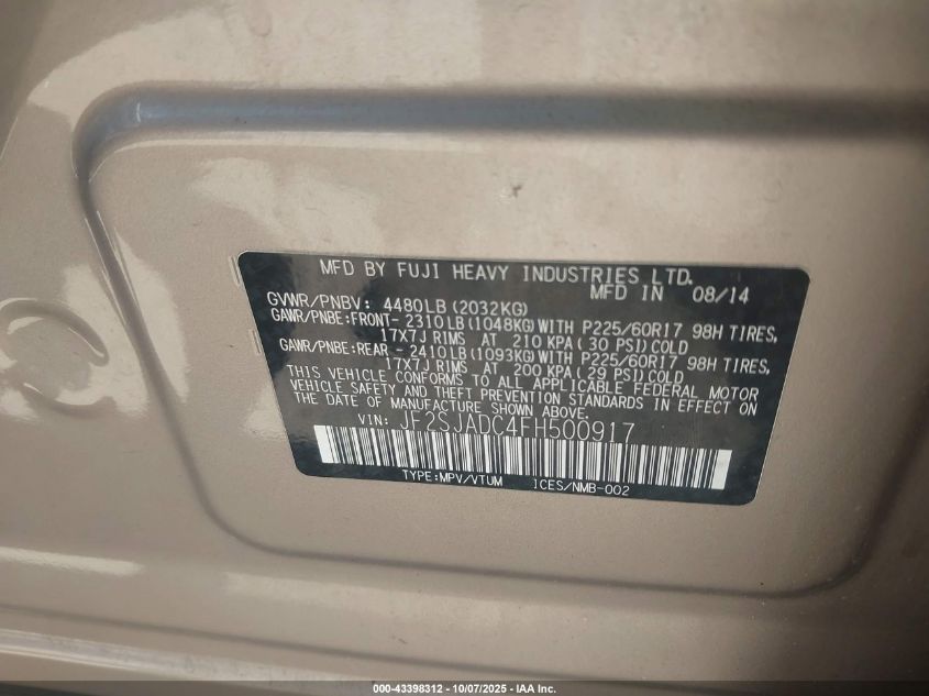 2015 Subaru Forester 2.5I Premium VIN: JF2SJADC4FH500917 Lot: 43398312