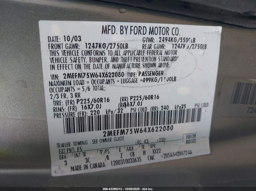 2004 Mercury Grand Marquis Ls VIN: 2MEFM75W64X622080 Lot: 43398313