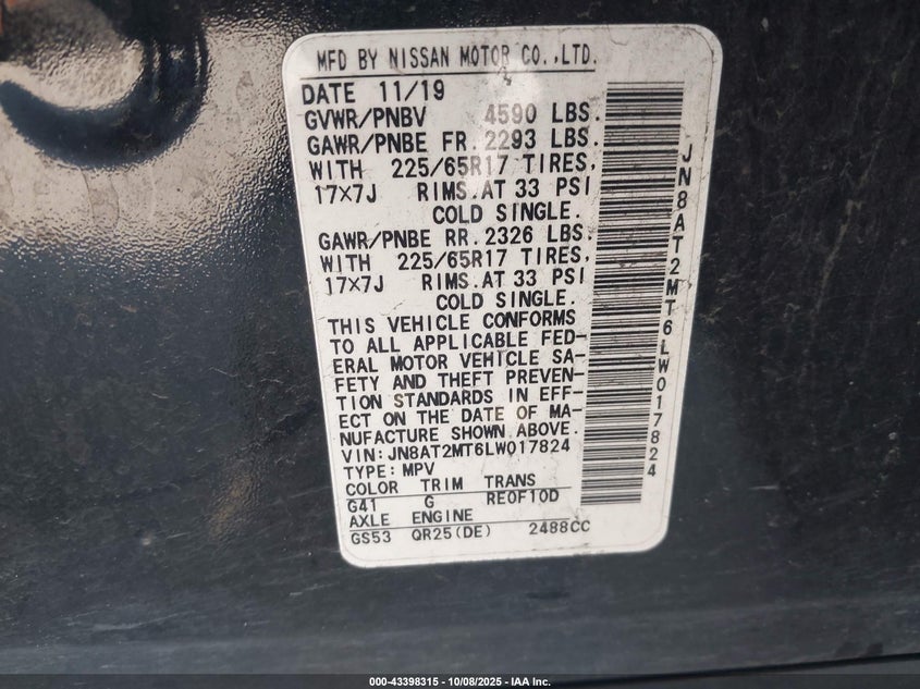 2020 Nissan Rogue Sv Fwd VIN: JN8AT2MT6LW017824 Lot: 43398315