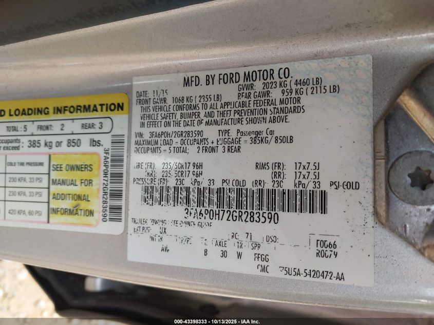 2016 Ford Fusion Se VIN: 3FA6P0H72GR283590 Lot: 43398333