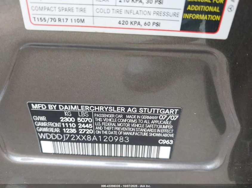 2008 Mercedes-Benz Cls 550 VIN: WDDDJ72XX8A120983 Lot: 43398335
