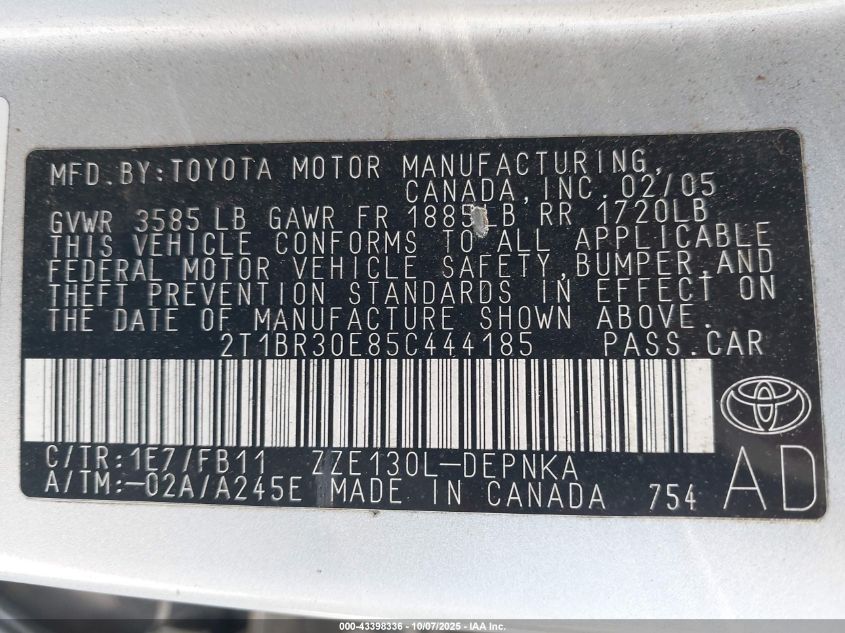 2005 Toyota Corolla Le VIN: 2T1BR30E85C444185 Lot: 43398336
