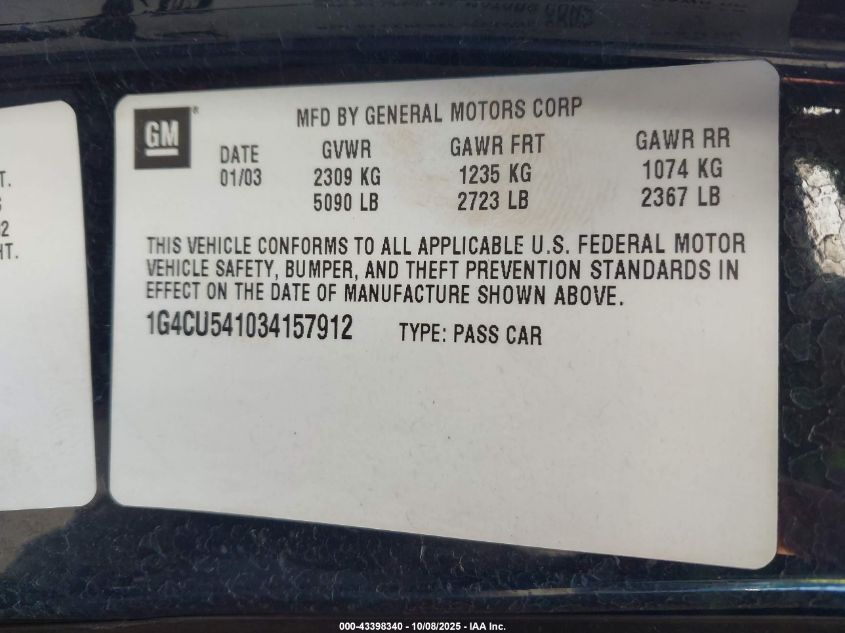 2003 Buick Park Avenue Ultra VIN: 1G4CU541034157912 Lot: 43398340