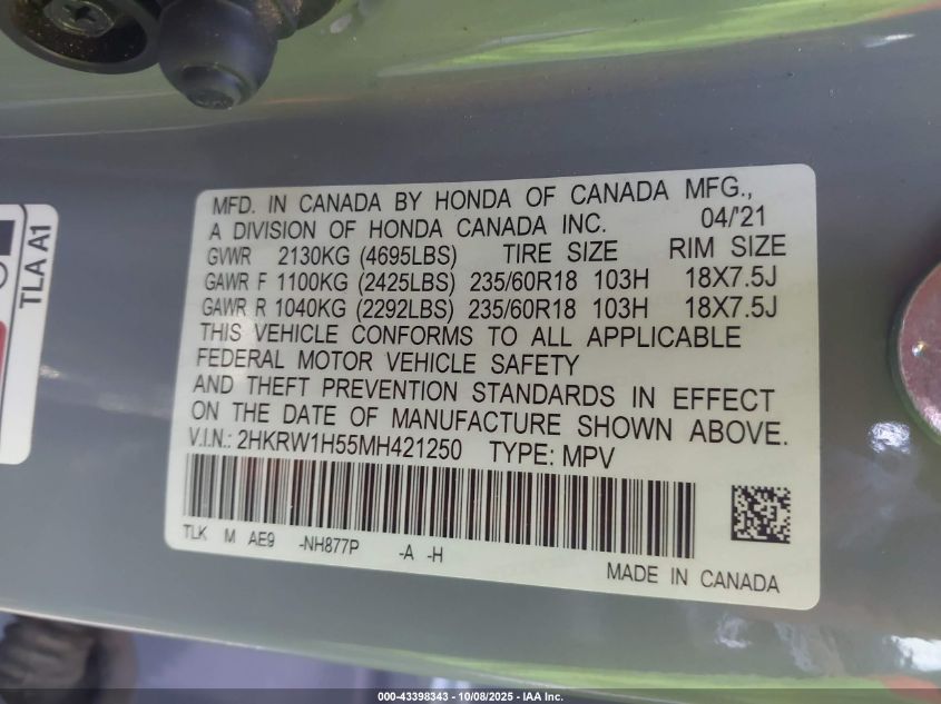 2021 Honda Cr-V 2Wd Ex VIN: 2HKRW1H55MH421250 Lot: 43398343