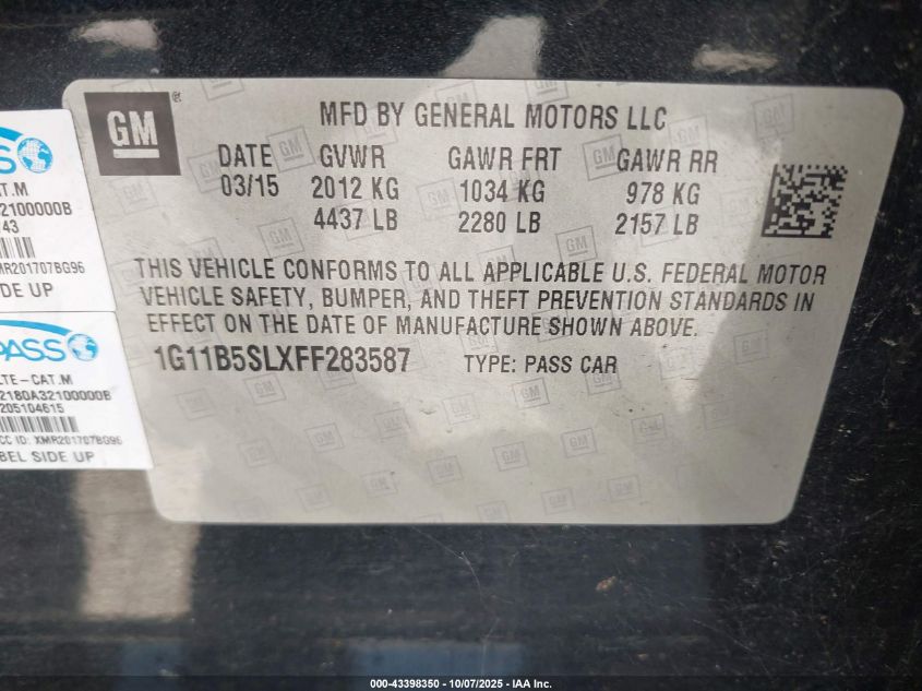 2015 Chevrolet Malibu Ls VIN: 1G11B5SLXFF283587 Lot: 43398350