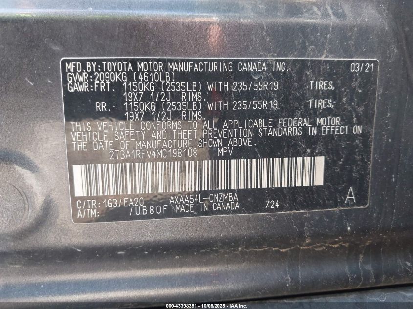 2021 Toyota Rav4 Xle Premium VIN: 2T3A1RFV4MC198108 Lot: 43398351