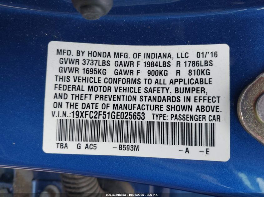 2016 Honda Civic Lx VIN: 19XFC2F51GE025653 Lot: 43398353