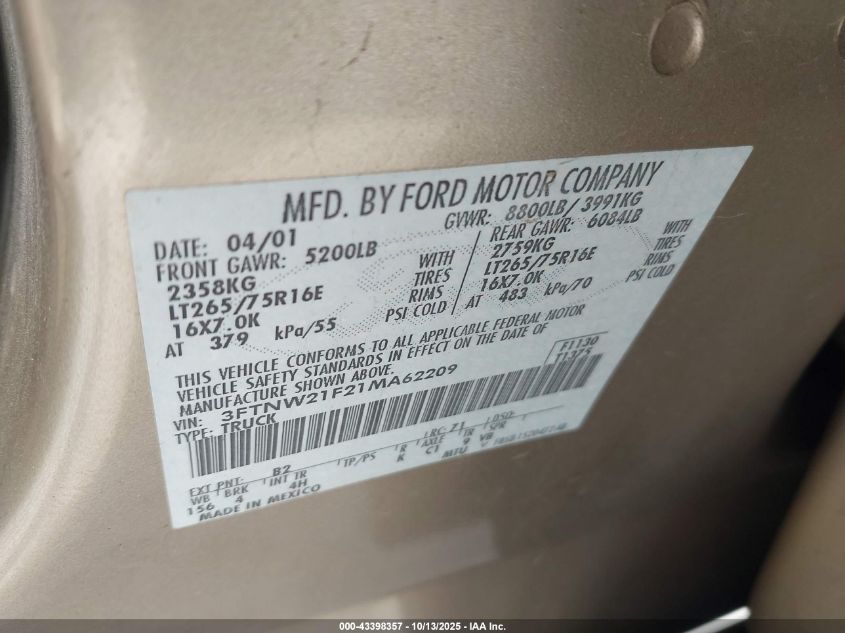2001 Ford F-250 Lariat/Xl/Xlt VIN: 3FTNW21F21MA62209 Lot: 43398357