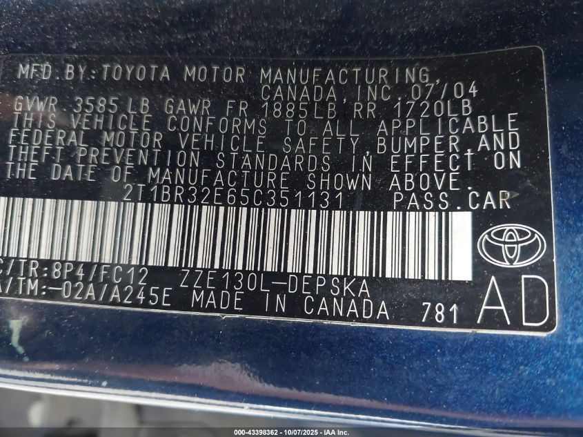 2005 Toyota Corolla S VIN: 2T1BR32E65C351131 Lot: 43398362