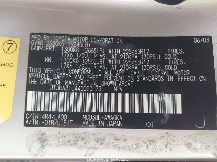 2004 Lexus Rx 330 VIN: JTJHA31U440023173 Lot: 43398375