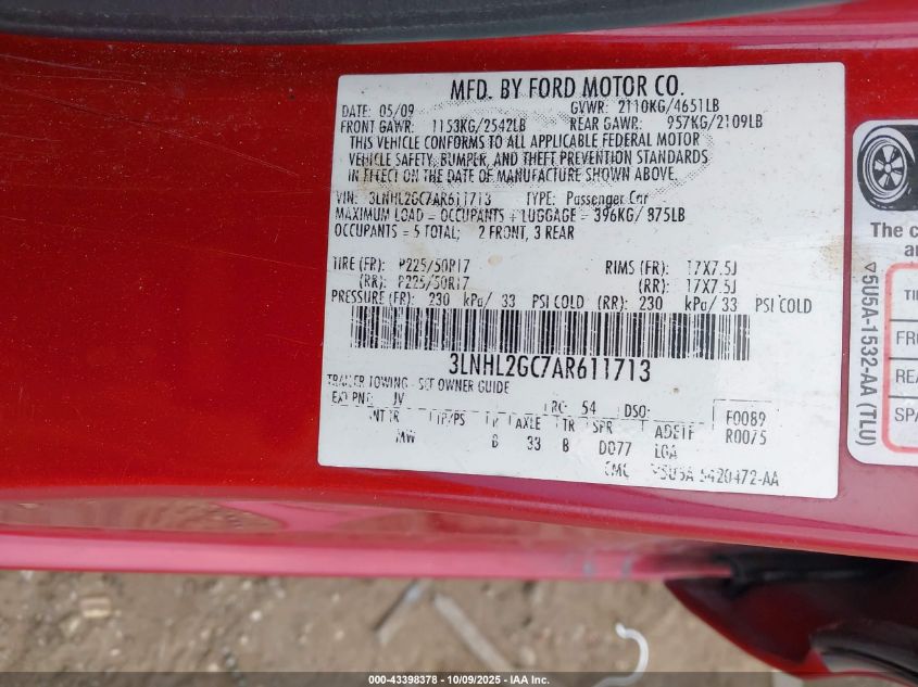 2010 Lincoln Mkz VIN: 3LNHL2GC7AR611713 Lot: 43398378