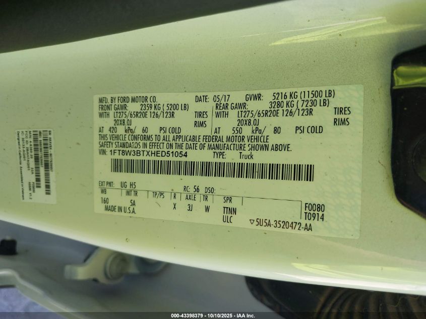2017 Ford F-350 Lariat VIN: 1FT8W3BTXHED51054 Lot: 43398379