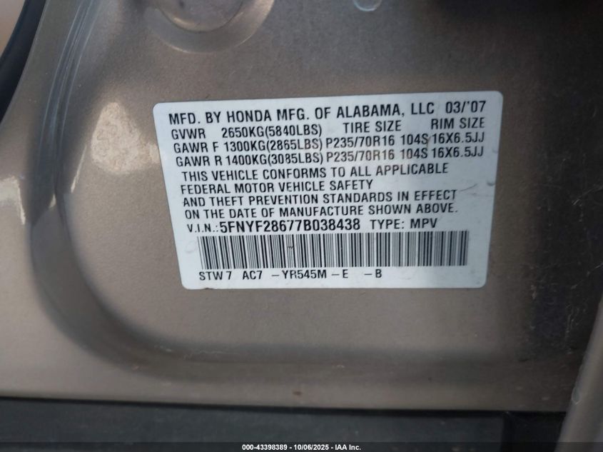 2007 Honda Pilot Ex-L VIN: 5FNYF28677B038438 Lot: 43398389