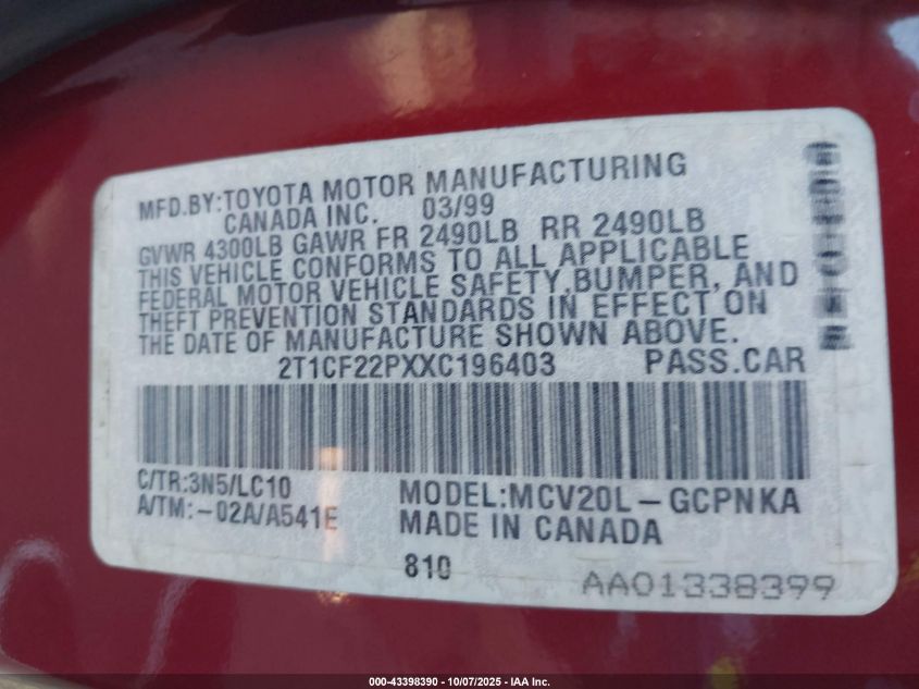 1999 Toyota Camry Solara Sle VIN: 2T1CF22PXXC196403 Lot: 43398390