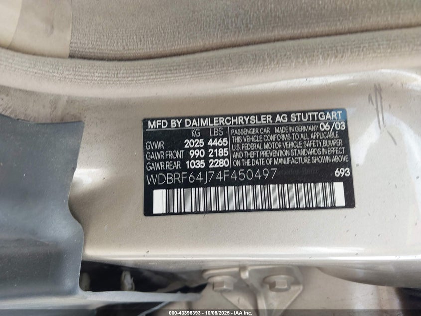 2004 Mercedes-Benz C 320 Sport VIN: WDBRF64J74F450497 Lot: 43398393