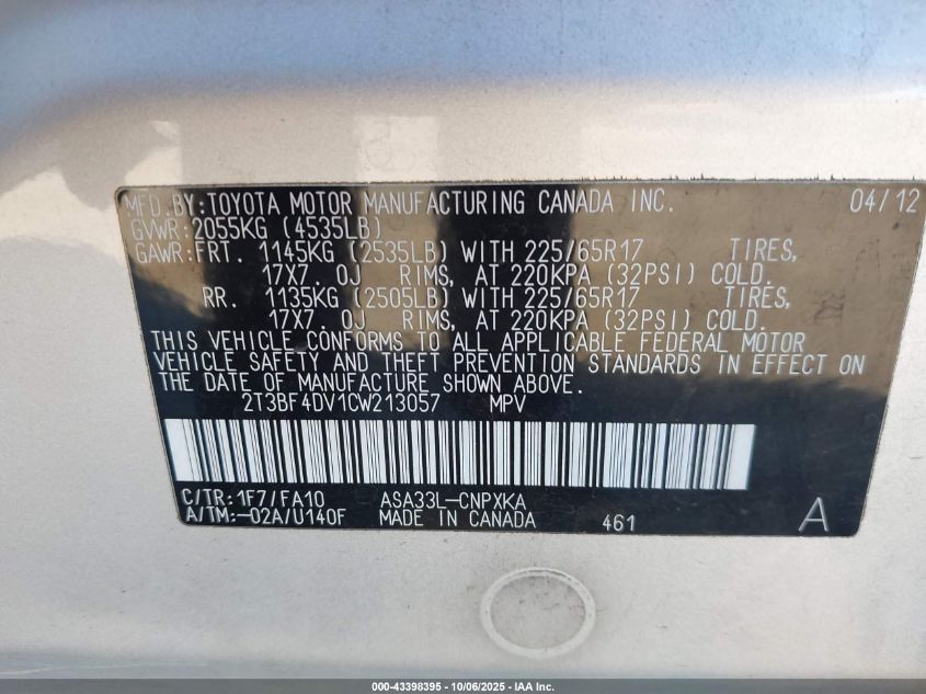 2012 Toyota Rav4 VIN: 2T3BF4DV1CW213057 Lot: 43398395