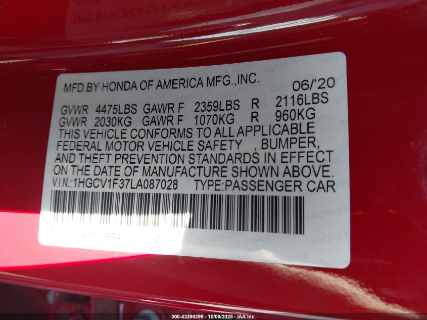 2020 Honda Accord Sport VIN: 01HGCV1F37LA08702 Lot: 43398399