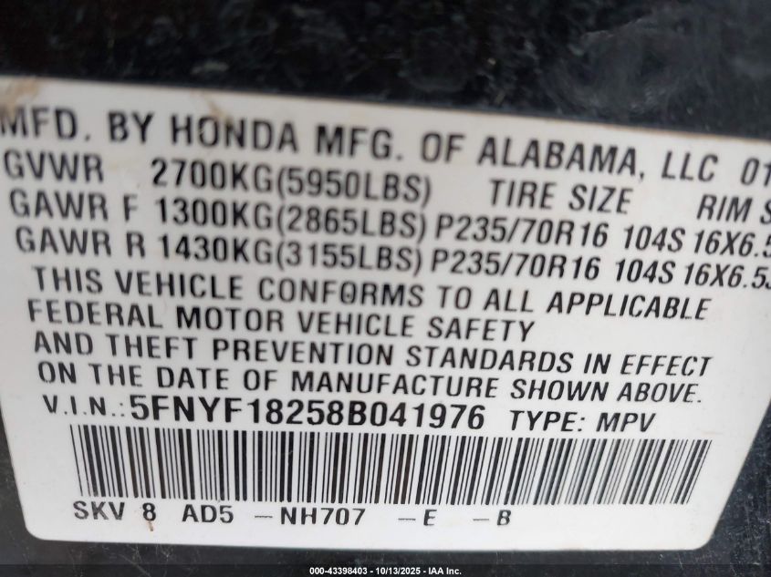 2008 Honda Pilot Vp VIN: 5FNYF18258B041976 Lot: 43398403