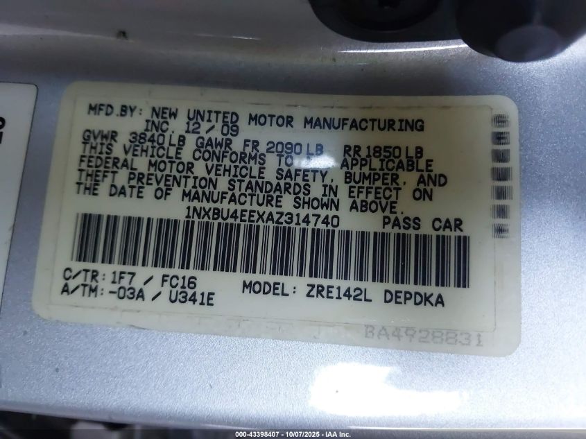 2010 Toyota Corolla Le VIN: 1NXBU4EEXAZ314740 Lot: 43398407