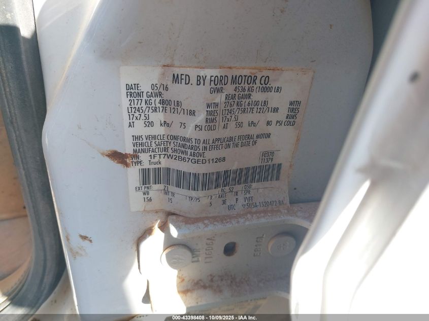 2016 Ford F-250 Xl VIN: 1FT7W2B67GED11268 Lot: 43398408