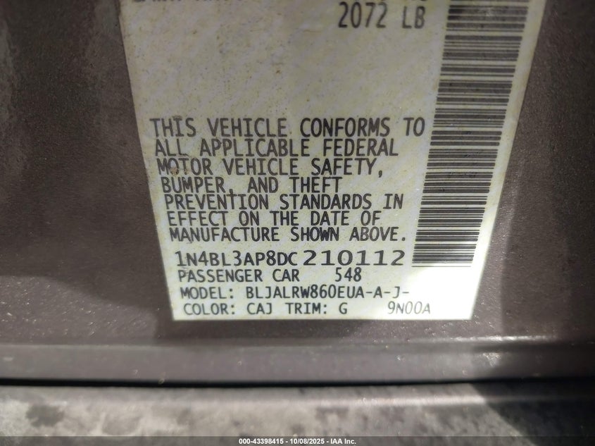 2013 NISSAN ALTIMA 3.5 S 1N4BL3AP8DC210112