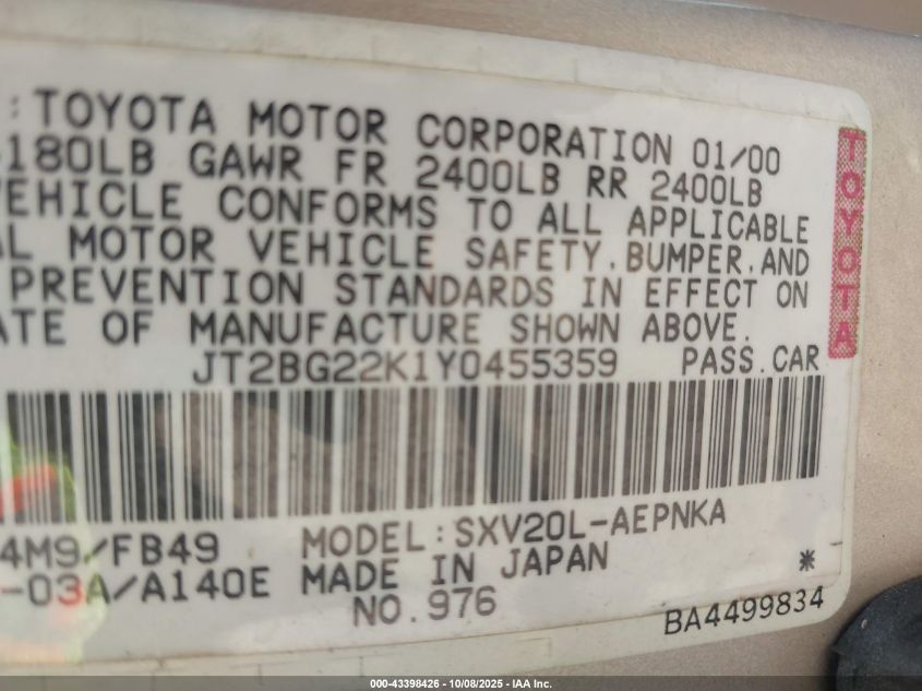 2000 Toyota Camry Le VIN: JT2BG22K1Y0455359 Lot: 43398426