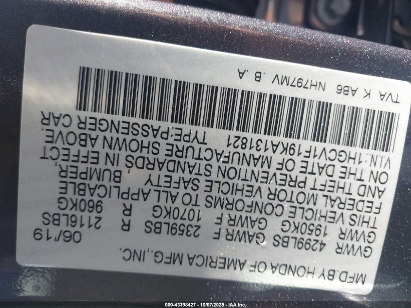 2019 Honda Accord Lx VIN: 1HGCV1F19KA131821 Lot: 43398427