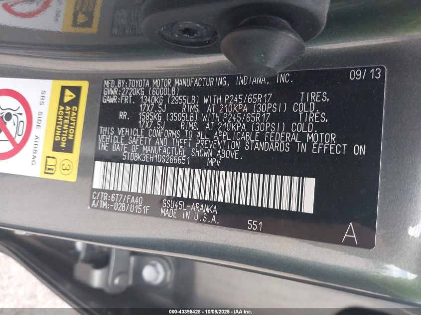 2013 Toyota Highlander Base Plus V6 VIN: 5TDBK3EH1DS266651 Lot: 43398428