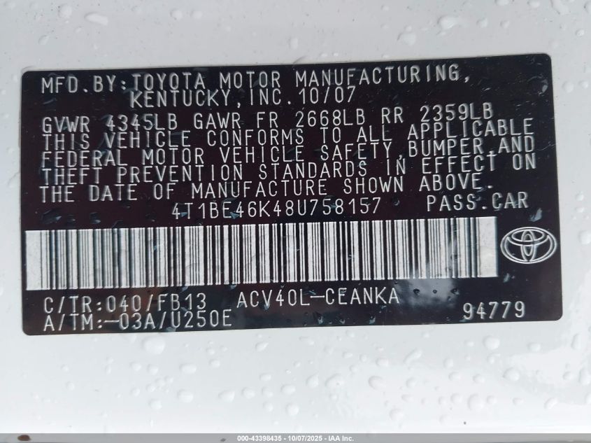 2008 Toyota Camry Le VIN: 4T1BE46K48U758157 Lot: 43398435