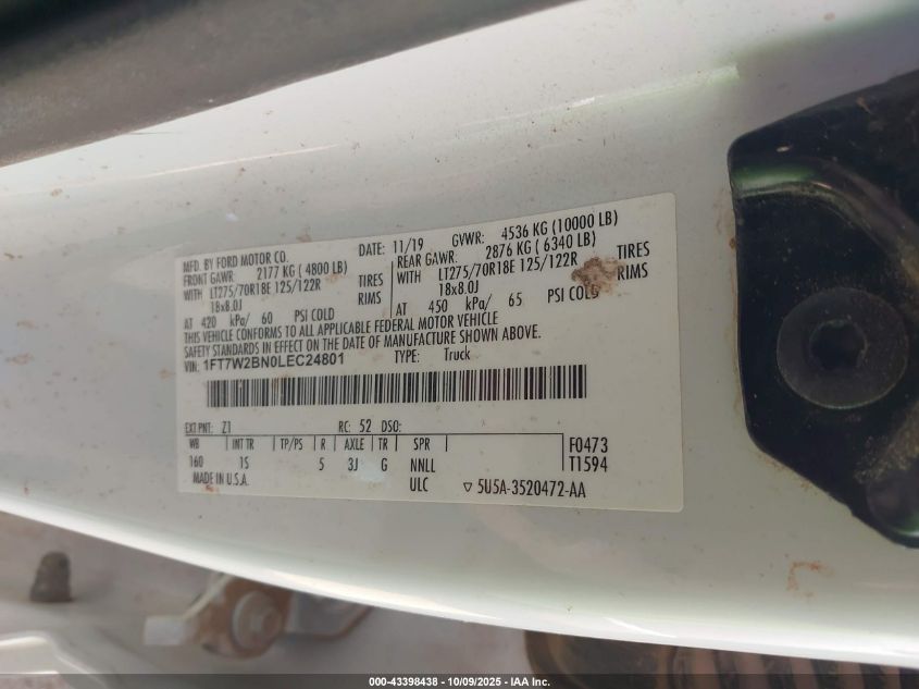 2020 Ford F-250 Xl VIN: 1FT7W2BN0LEC24801 Lot: 43398438