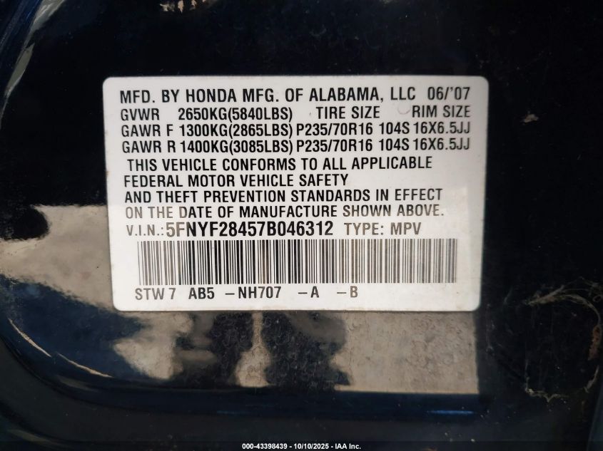 2007 Honda Pilot Ex VIN: 5FNYF28457B046312 Lot: 43398439