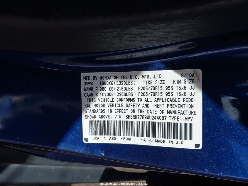 2004 Honda Cr-V Ex VIN: SHSRD77894U244097 Lot: 43398440