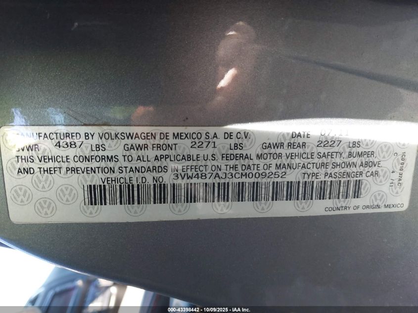 2012 Volkswagen Jetta Gli Autobahn VIN: 3VW487AJ3CM009252 Lot: 43398442