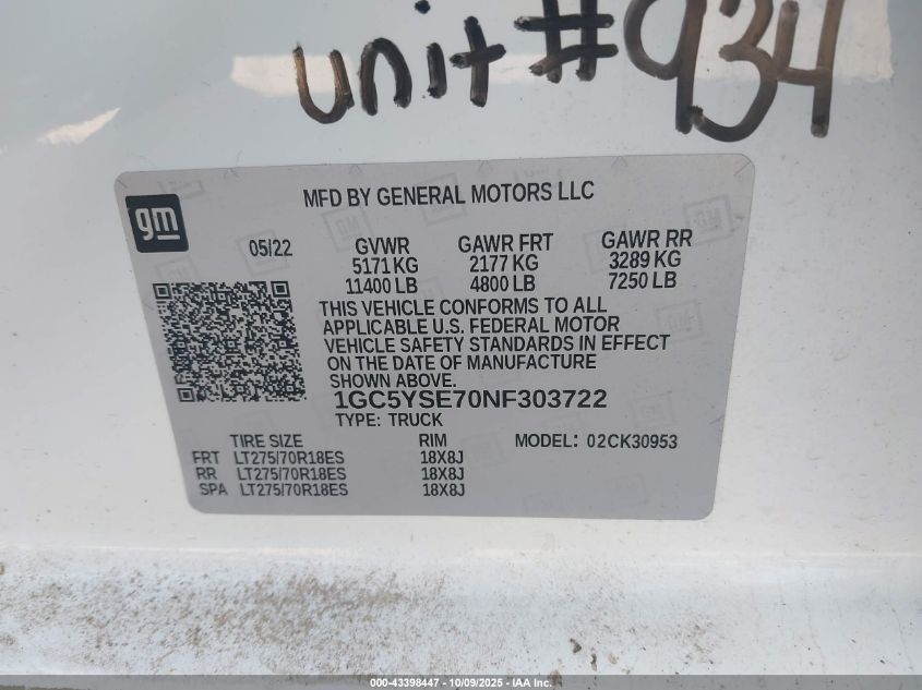 2022 Chevrolet Silverado 3500Hd 4Wd Long Bed Wt VIN: 1GC5YSE70NF303722 Lot: 43398447