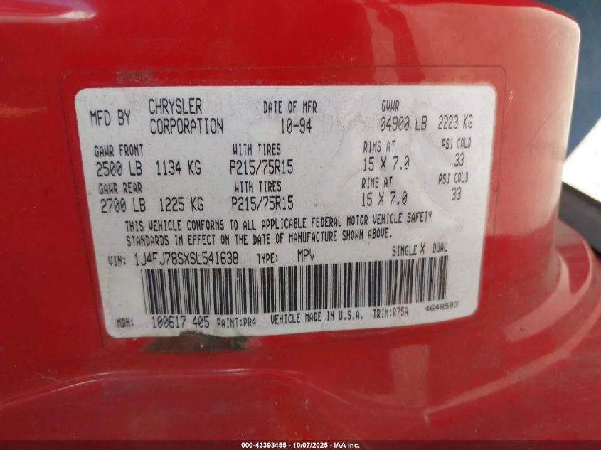 1995 Jeep Cherokee Country VIN: 1J4FJ78SXSL541638 Lot: 43398455