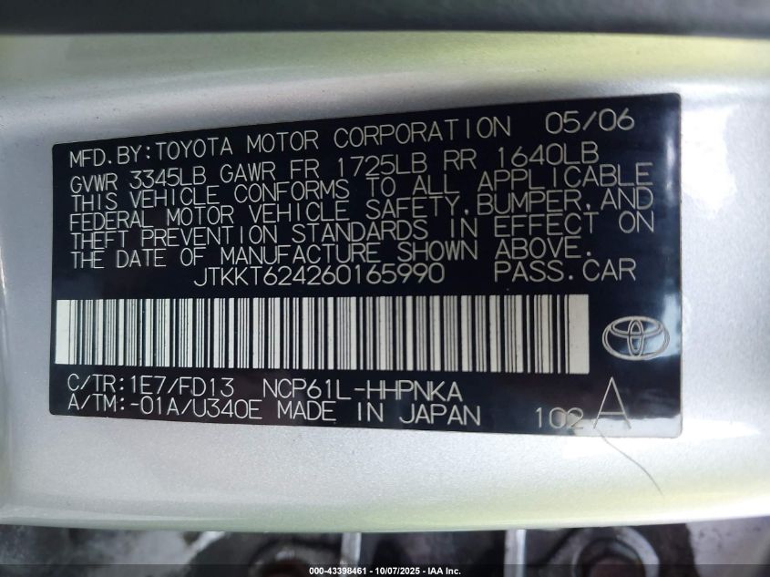 2006 Scion Xa VIN: JTKKT624260165990 Lot: 43398461