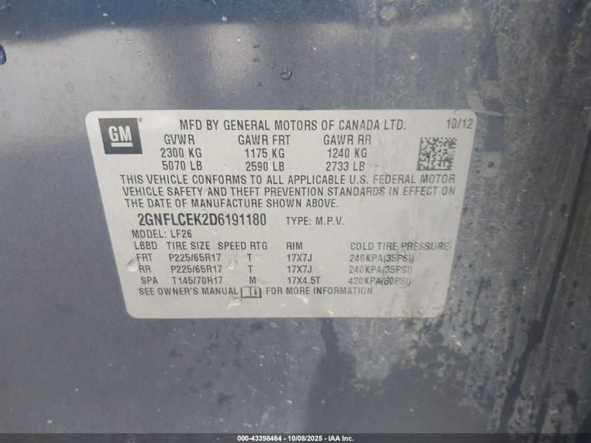 2013 Chevrolet Equinox Ls VIN: 2GNFLCEK2D6191180 Lot: 43398464