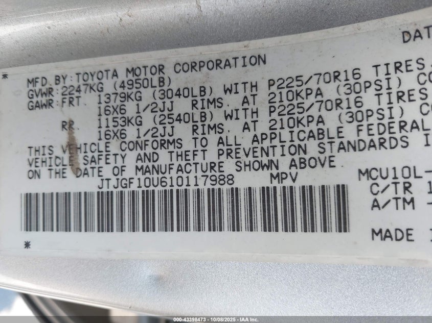 2001 Lexus Rx 300 VIN: JTJGF10U610117988 Lot: 43398473