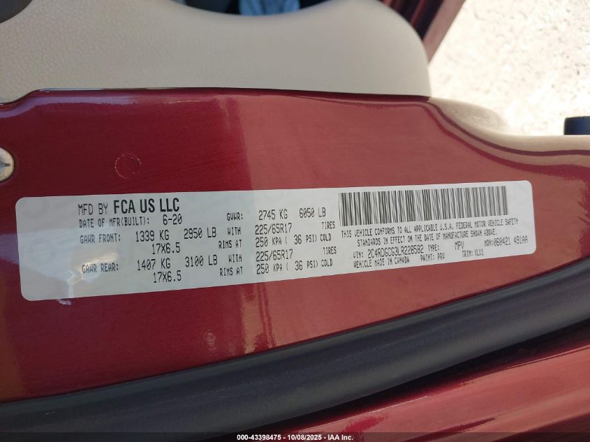 2020 Dodge Grand Caravan Sxt VIN: 2C4RDGCG3LR228582 Lot: 43398475