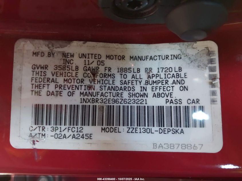 2006 Toyota Corolla S VIN: 1NXBR32E96Z623221 Lot: 43398480