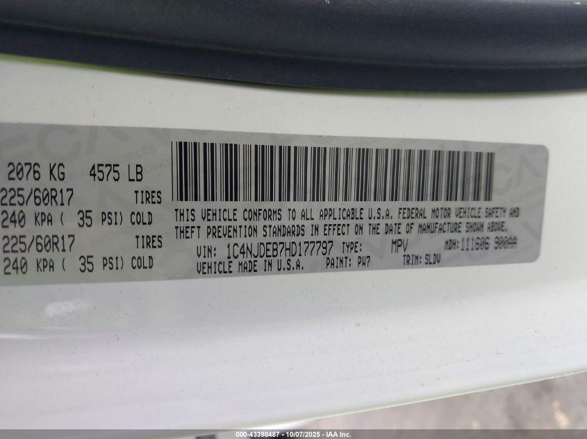 2017 Jeep Compass High Altitude 4X4 VIN: 1C4NJDEB7HD177797 Lot: 43398487