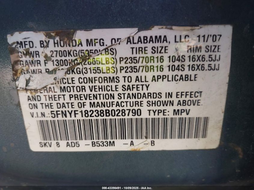 2008 Honda Pilot Vp VIN: 5FNYF18238B028790 Lot: 43398491
